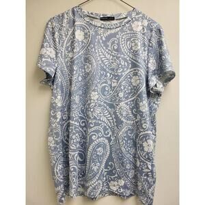 Noracora Shirt Womens Large Blue White Paisley Floral Crewneck Short Sleeve